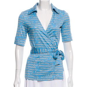 Diane Von Furstenberg DVF Vintage Silk Wrap Blouse Blue Chain Link Print Sz 4